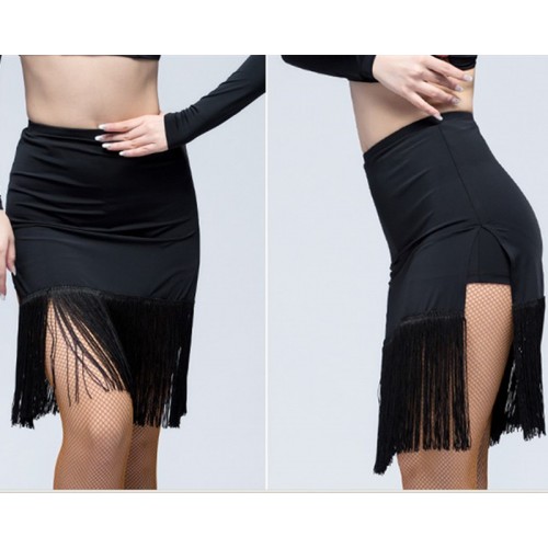Women girls black red colored fringed latin dance skirt rumba salsa chacha dance competition side slit skirts for female